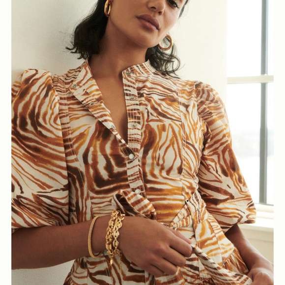 Anthropologie Swirl Motif Puff-Sleeved Belted Midi Dress - Picture 3 of 4